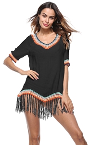 4715-2Tassels Mid-Length V-Neck Womens T-shirt